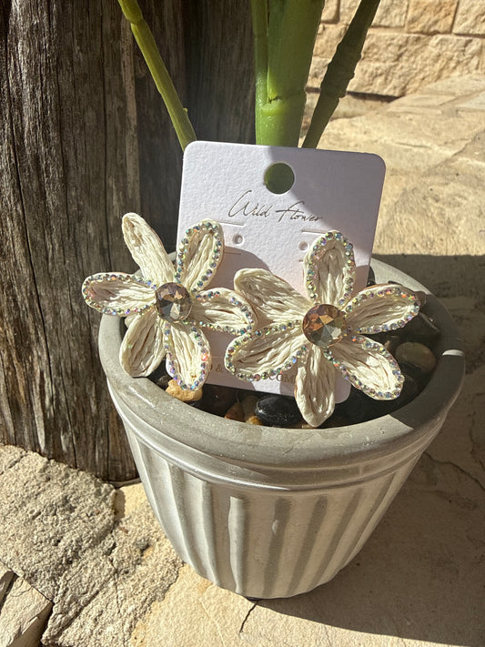 Wild Flower Rattan Earrings with Stone Center