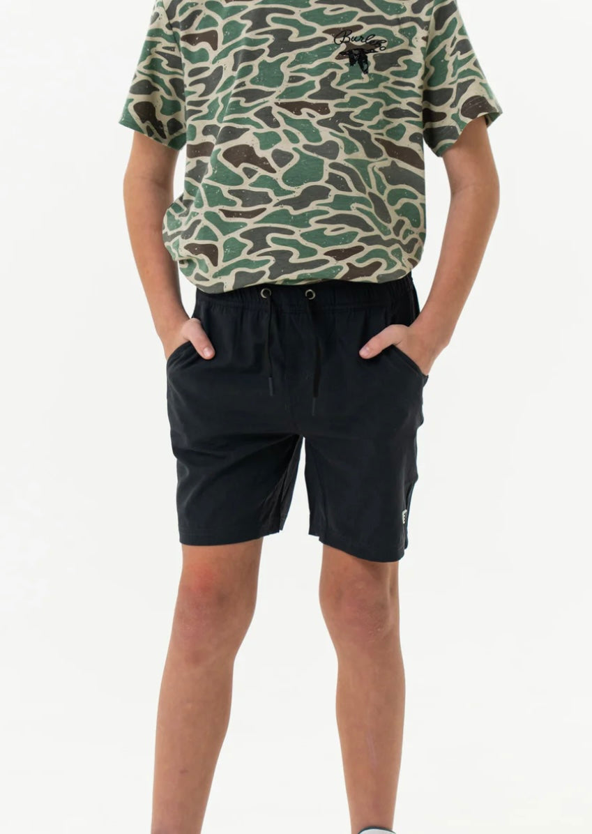 Heather Black Youth Athletic Shorts With Retro Duck Camo Liner Burlebo
