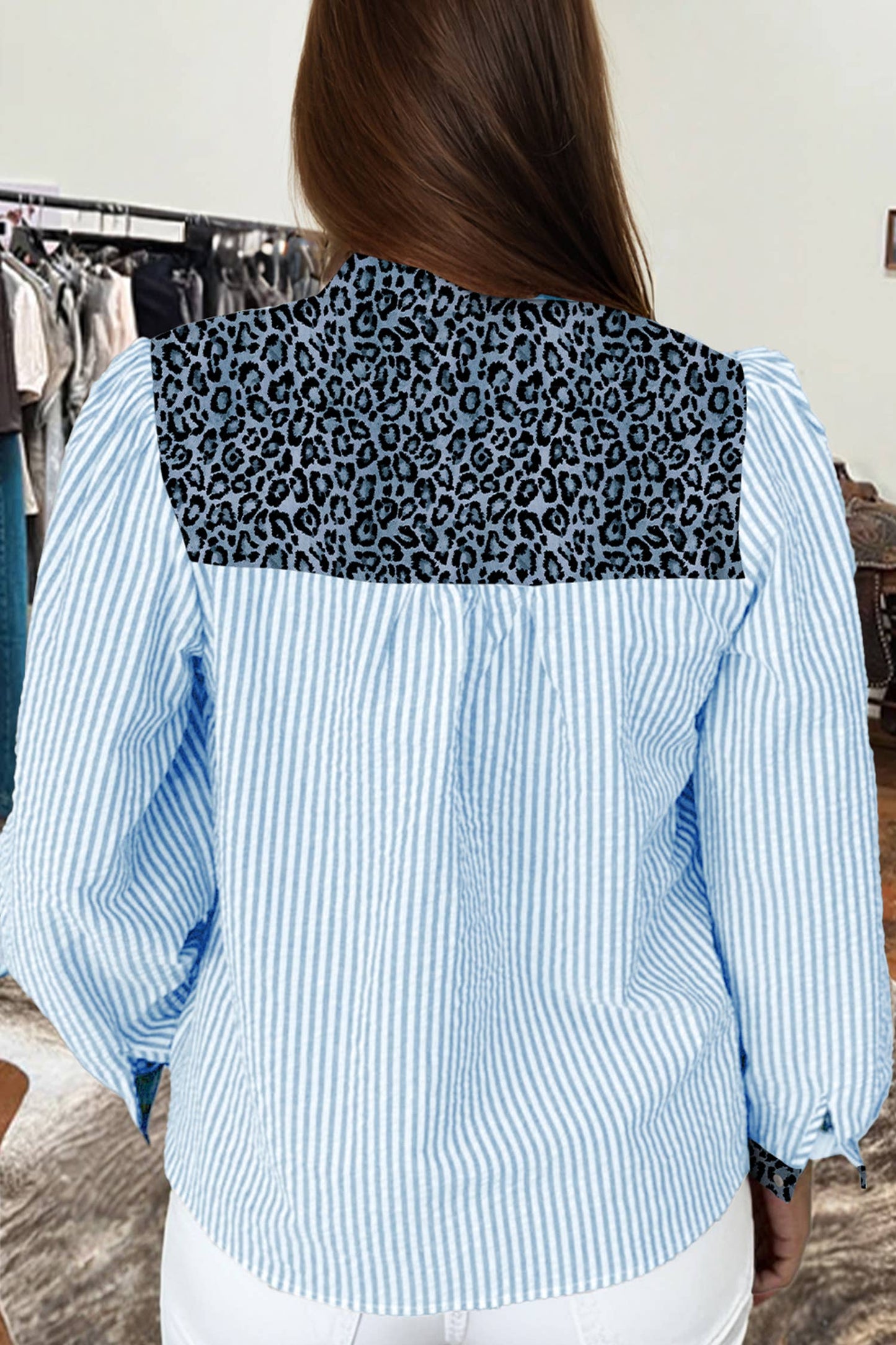 Western Stripe Leopard Patchwork Long Sleeve Shirt: Brown Stripe fashionw