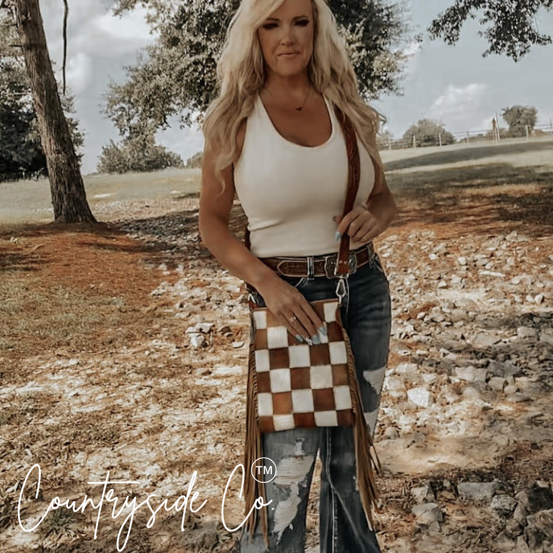 Stockdale Checkered Cowhide Fringe Purse, Brown & White Texas Western Cowhide