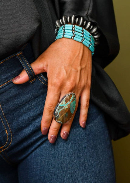 Adjustable 2" Turquoise Silver Stone Ring West & Co