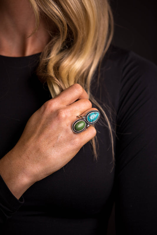 Green Teardrop and Oval Two Stone Ring west co