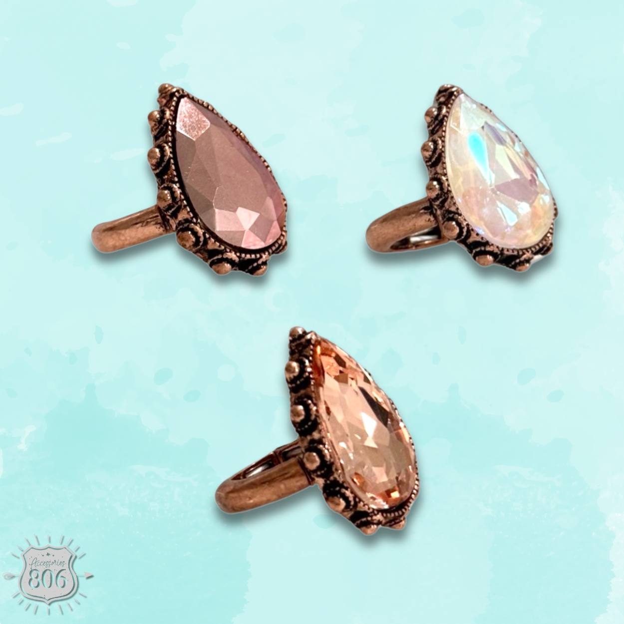 Rhinestone teardrop stretch ring - LC: White PP