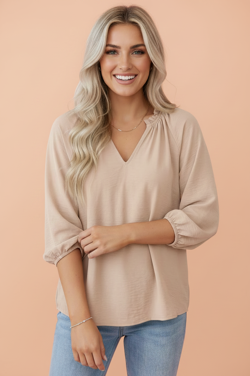 PRETTY BASH Solid Gathered Cuff 3/4 Sleeve  Blouse: Parchment / S
