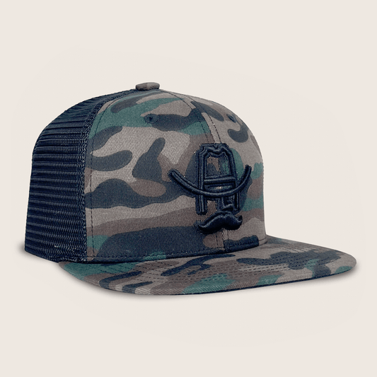 Hank 3D Flat Bill Trucker Hat: Green Camo/Black