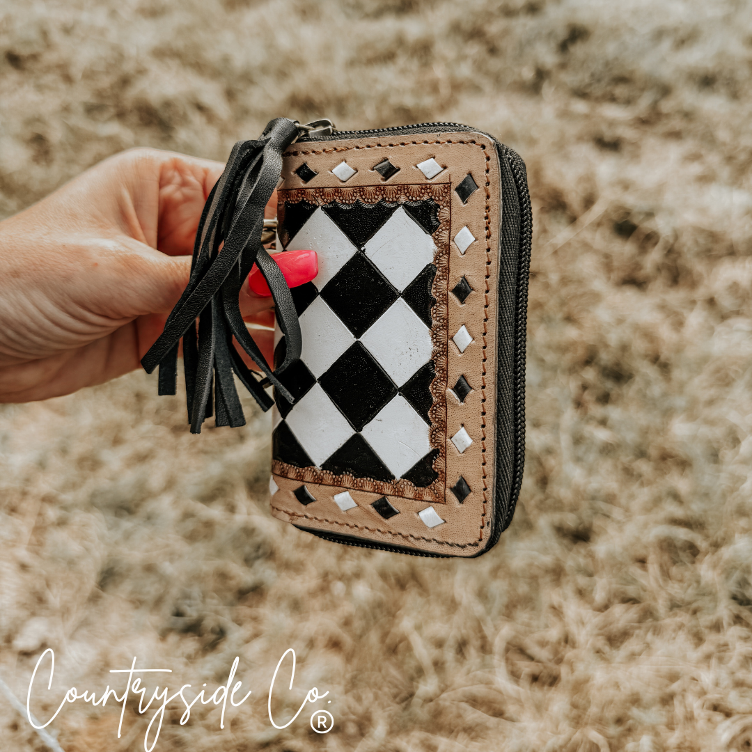 The Sidekick Checkered Mini Wallet Keychain Texas Western Cowhide