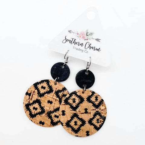 2.5" Black & Natural Piggyback Corkies -Earrings: Aztec & Leopard Doohickie