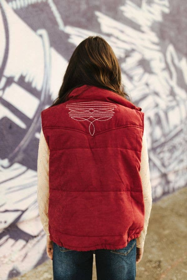 Wine Puffer W Aztec Lining Boot Stitch Detail Vest: L