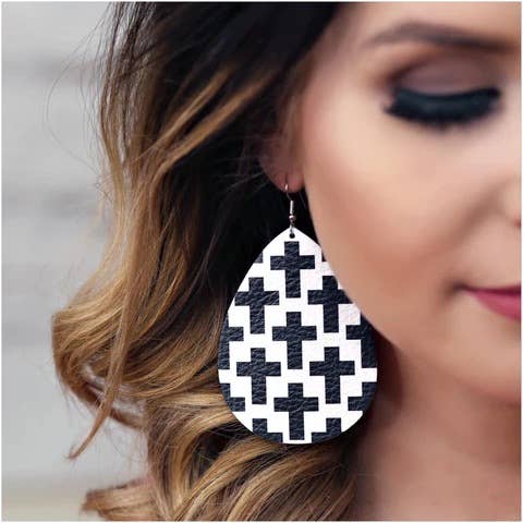 Black & White Cross Teardrops -Earrings: 1.5" Doohickie