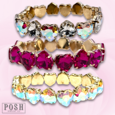 Heart rhinestone stretch bracelet: Fuchsia Or Gold PP