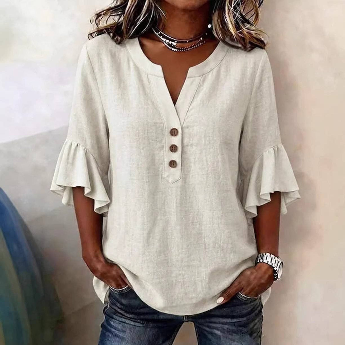Cotton Linen Blouse V Neck Ruffle Sleeve Women's Top: Khaki / 95%polyester+5%Elastane / M