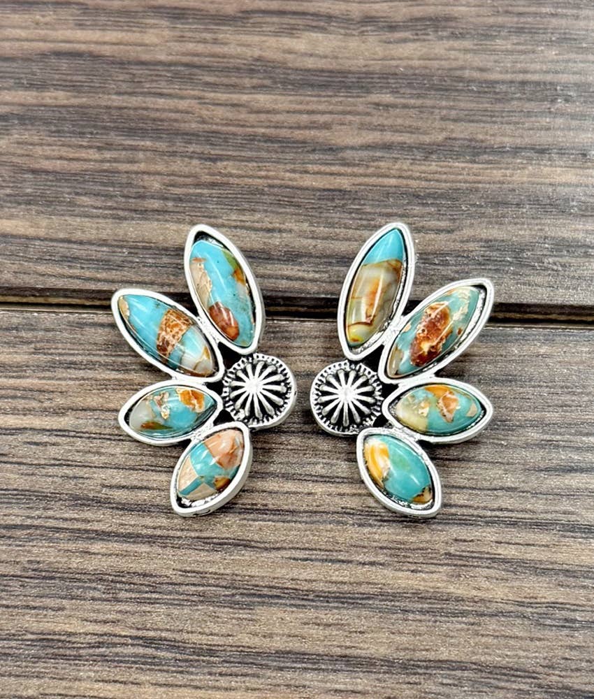 Western Half Flower 1.2” Gemstone Concho Center Stud Earrings 726651 Isac