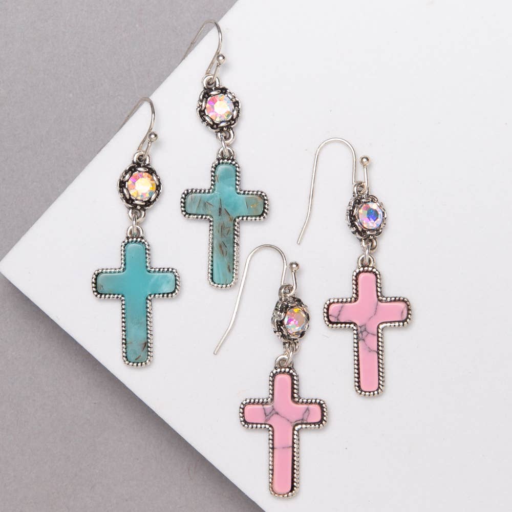 Western Stone Dangled Cross Earrings: Pink or Turquoise