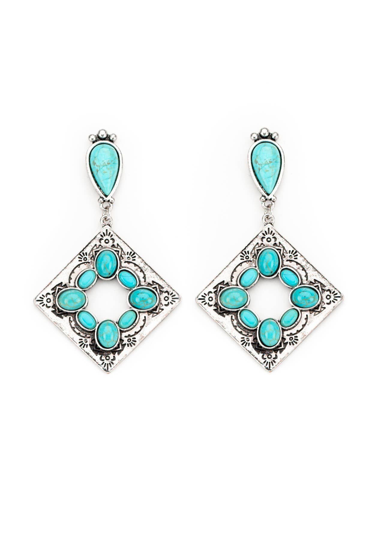 Burnished Silver Stamped Diamond Shaped Post Earring w/ Turq West Co
