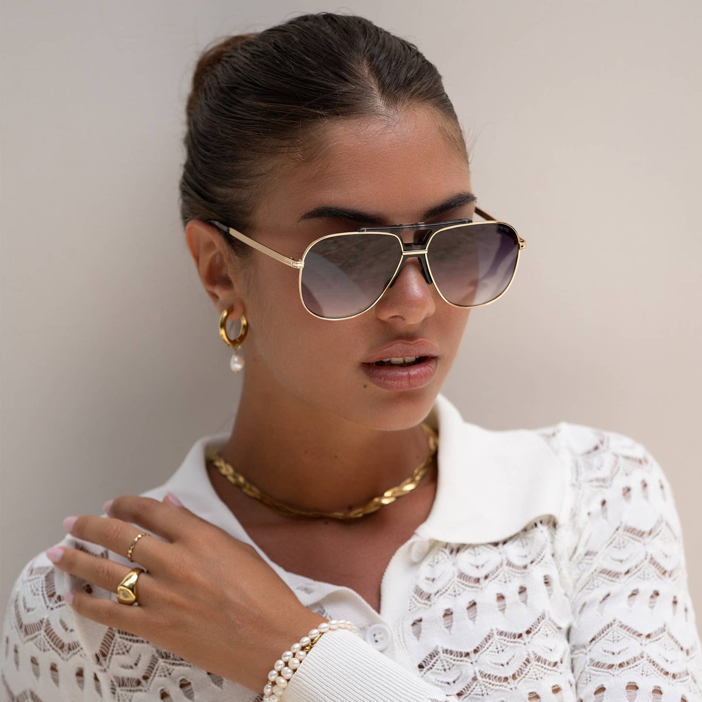 Logan ( NEW ) Acetate Aviator Unisex Sunglasses: Light Gold / Gray Freyrs
