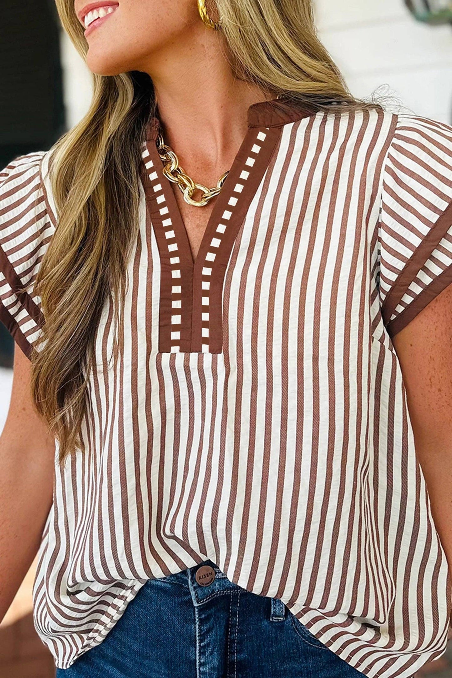 Khaki Stripe Double Ruffled Short Sleeve V Neck Blouse: Khaki Stripe / 60%Polyester+35%Cotton+5%Elastane / Lovesoft