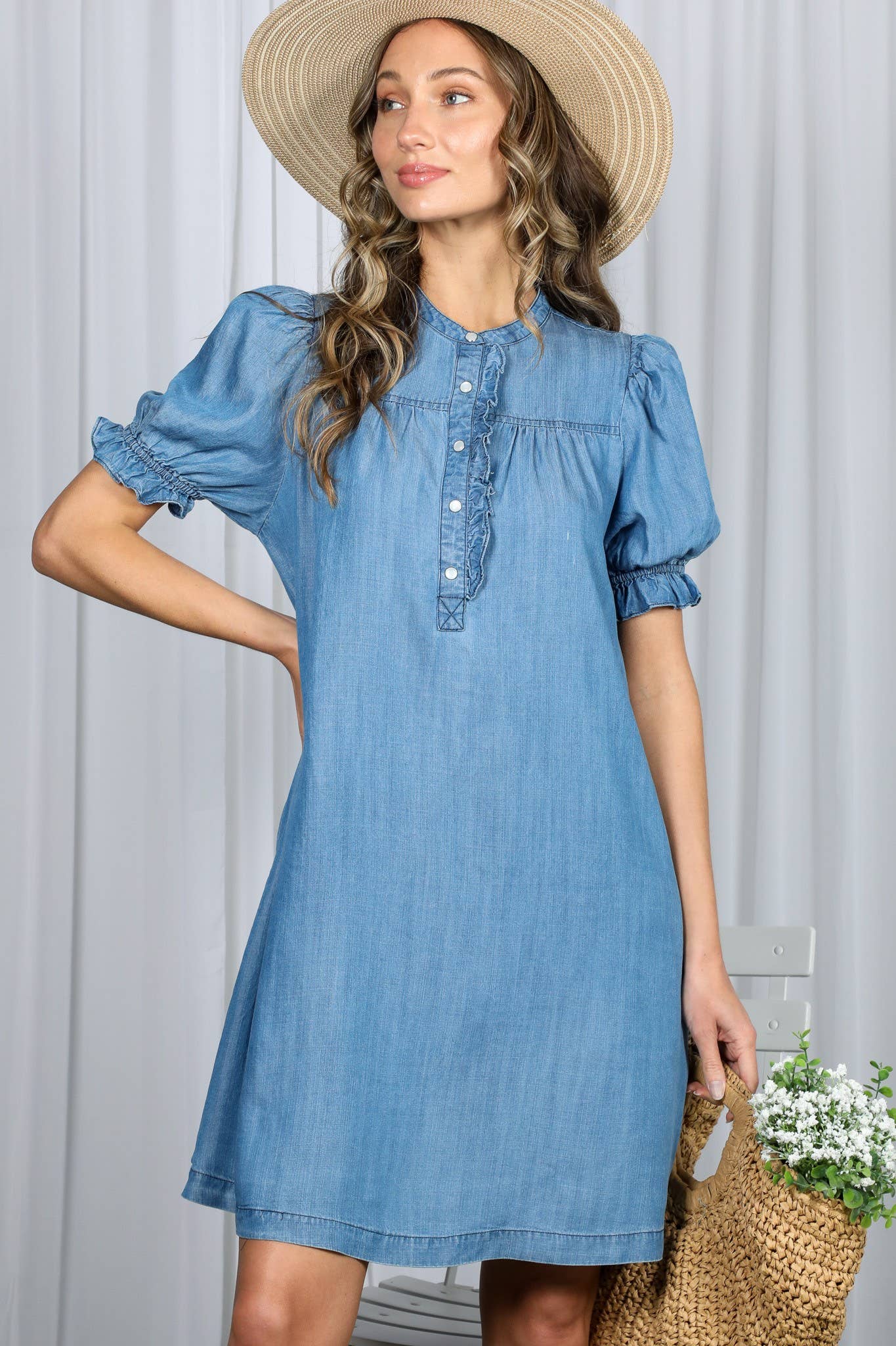 Ruffle Detail Chambray Tencel Mini Dress VD60753: Denim Blue / M