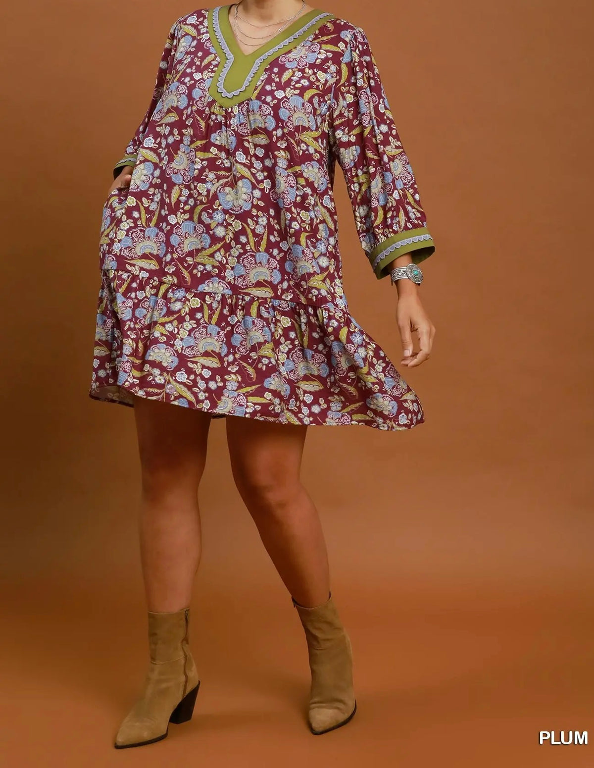 The Sheila Floral Contrast Trim Tiered Boho Dress Umgee