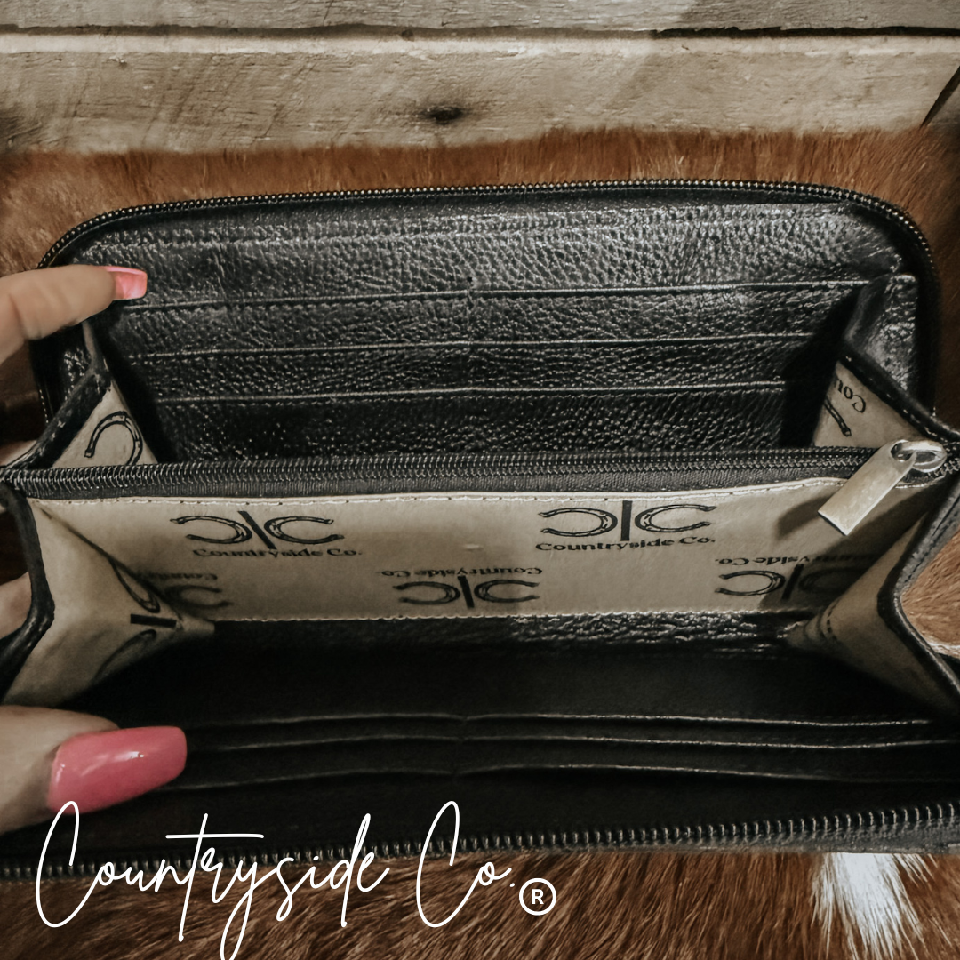 Checkered Cowhide Womens Wallet Wristlet Trendy: Black Or Brown Texas Western Cowhide