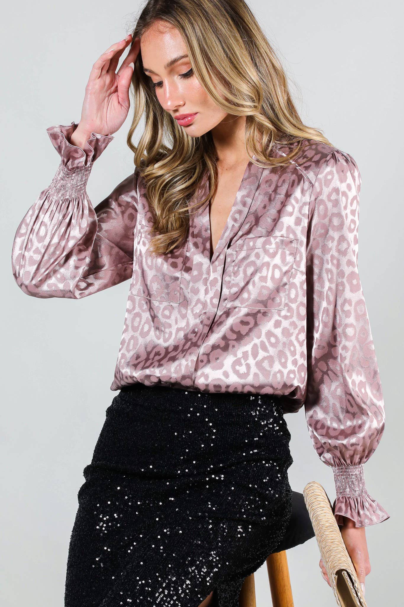 Black V-Neck Animal Jacquard Printed Satin Blouse VL
