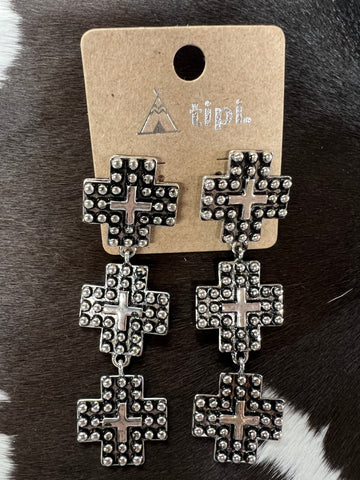 Dotted Gun Metal Tiered Cross Dangle Earring Ace