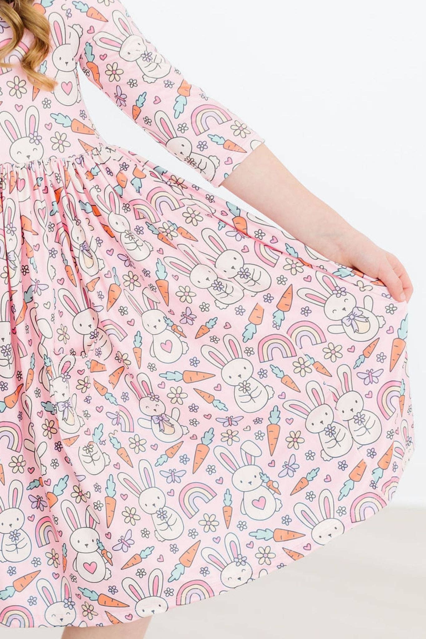 Springtime Bunnies 3/4 Sleeve Pocket Twirl Dress: Mila Tx/Fl
