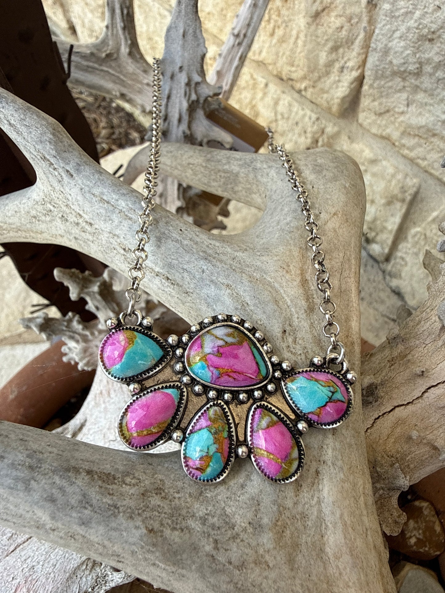 Half Flower Icon Pink and Turquoise Necklace