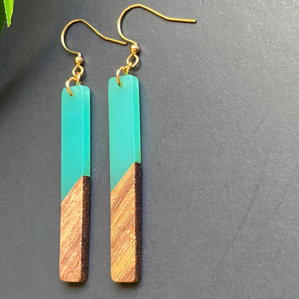 Teal Resin and Wood Earrings Drop Dangle: Teal Marble designs