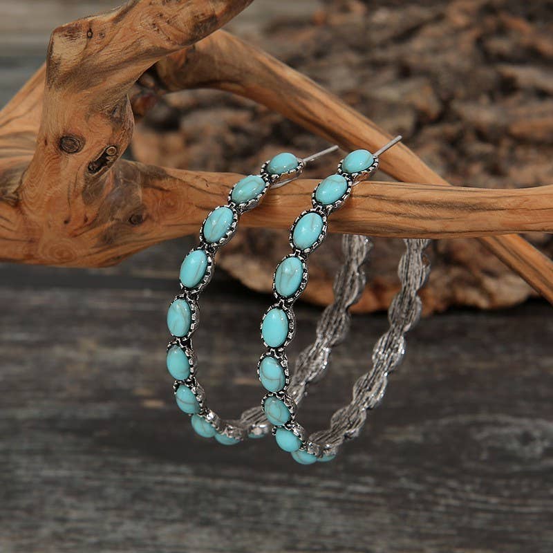 WESTERN TURQ STONE HOOP EARRINGS | 40E437: OVAL