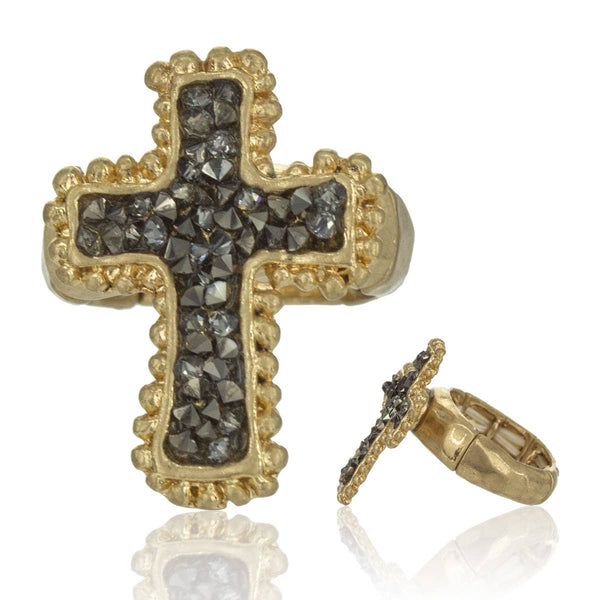 Cross with Stone, Hammered Stretch Ring: Burnish Silver or Black Diamond Susie Q