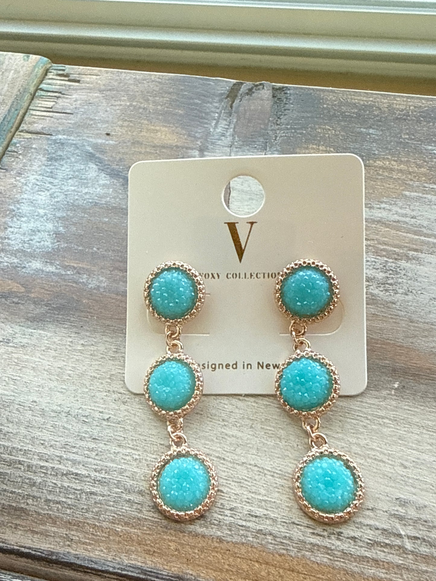Triple Circle Druzy Drop V Foxy Earrings