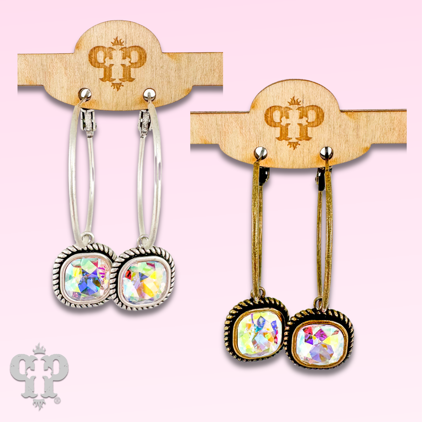 Rope edge square crystal hoop earring: Bronze or Crystal PP