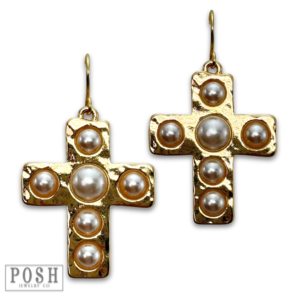 Pearl bead cross earring: Gold