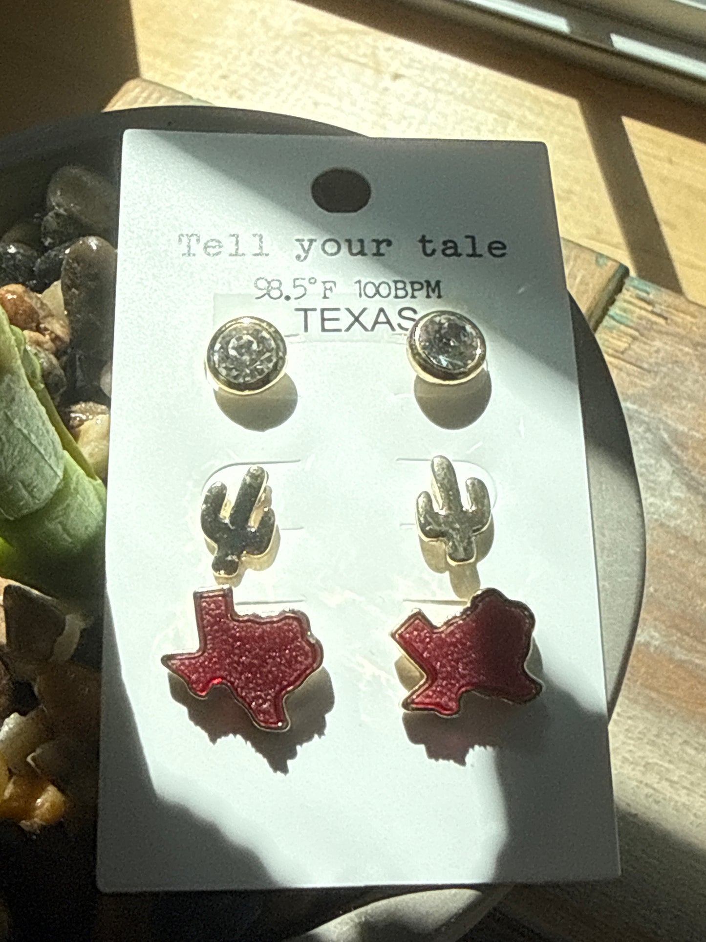 Texas Earring Trio Tell Your Tale  ( Cactus, Texas, And Crystal Stud)