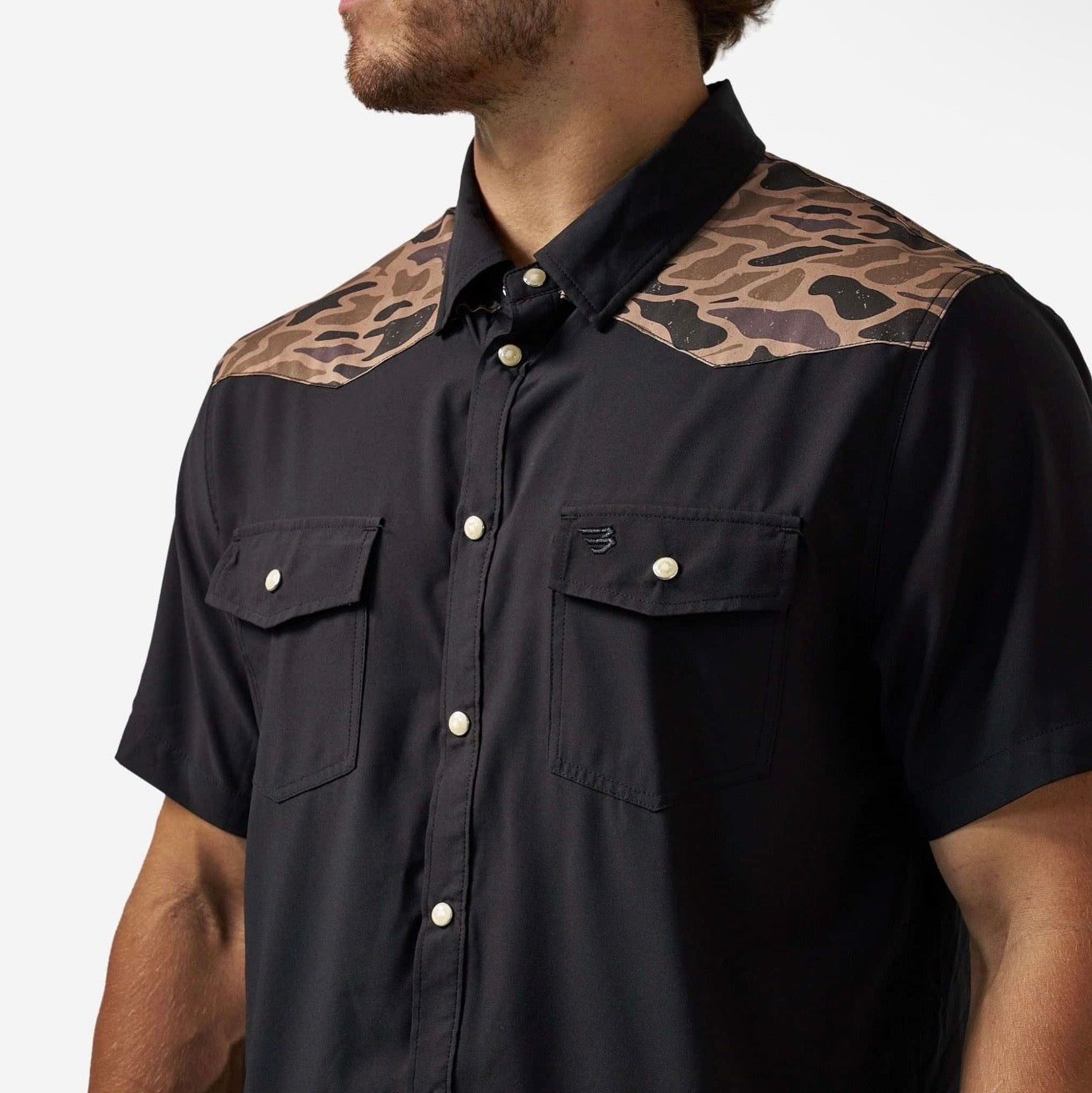 Deer SZN Burlebo Black/Gauge Camo Performance Western Shirt with Pearl Snaps Tx/Fl PWS-DRSZN