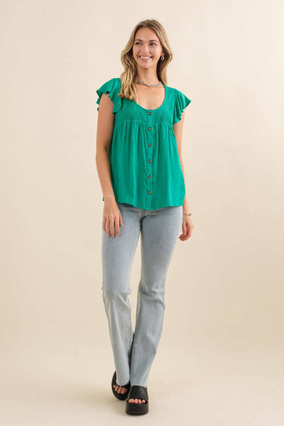 Smocked Yolk Ruffle Cap Sleeve Button Down Top: Kelly Green