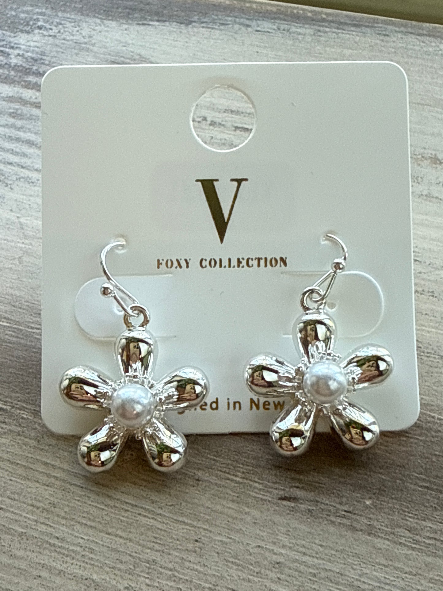 Flower with Pearl Center Gold or Silver Tone v Foxy Earrings