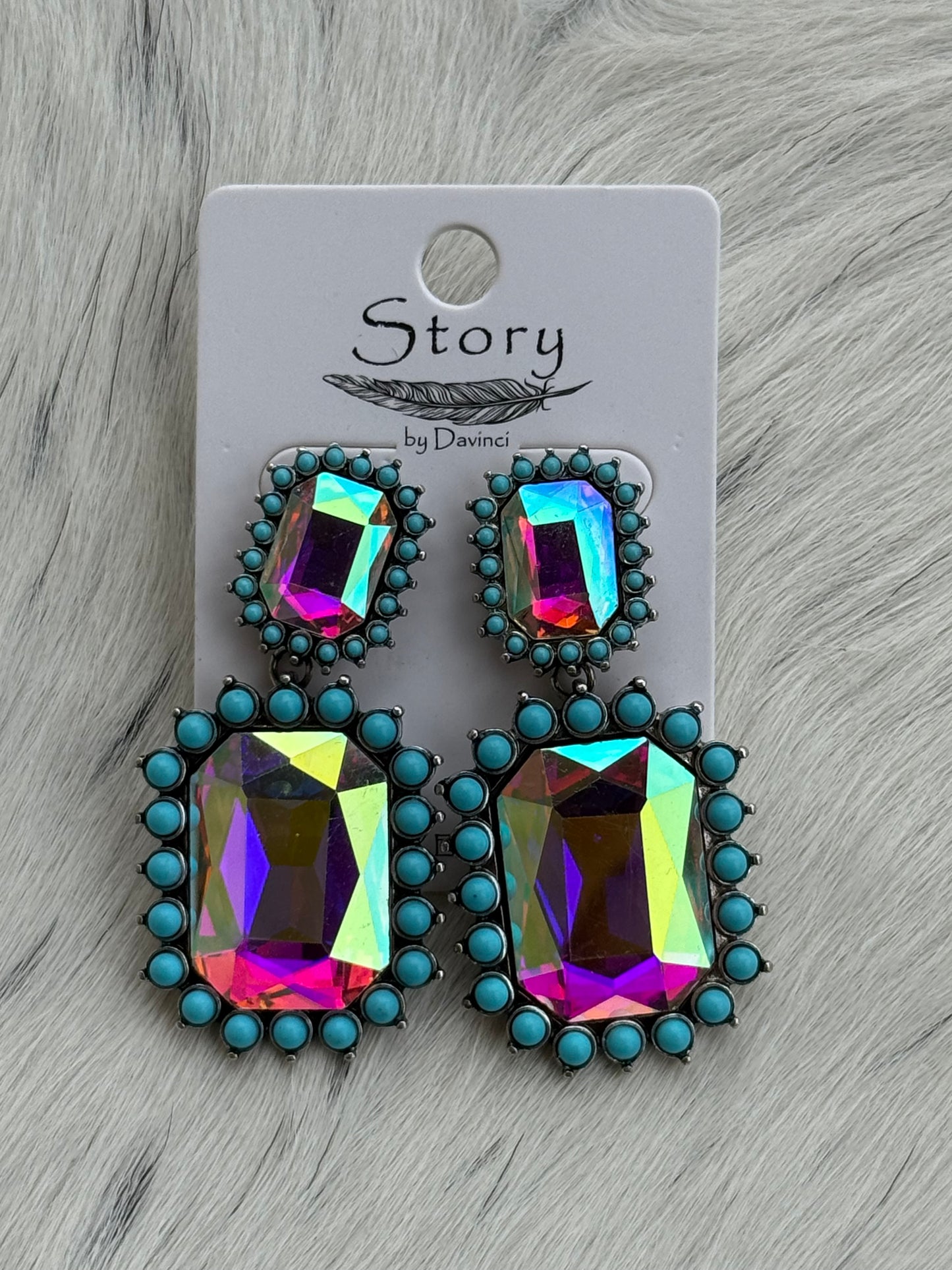 Rectangle Story Bling Double Earring with Turquoise Stones
