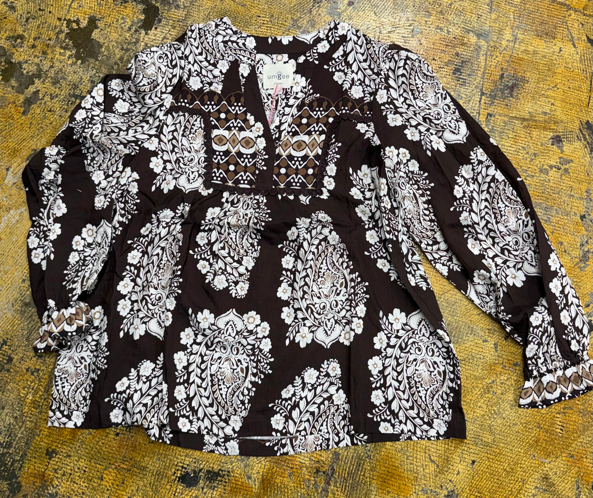 Boho Chocolate Paisley Floral Blouse Umgee