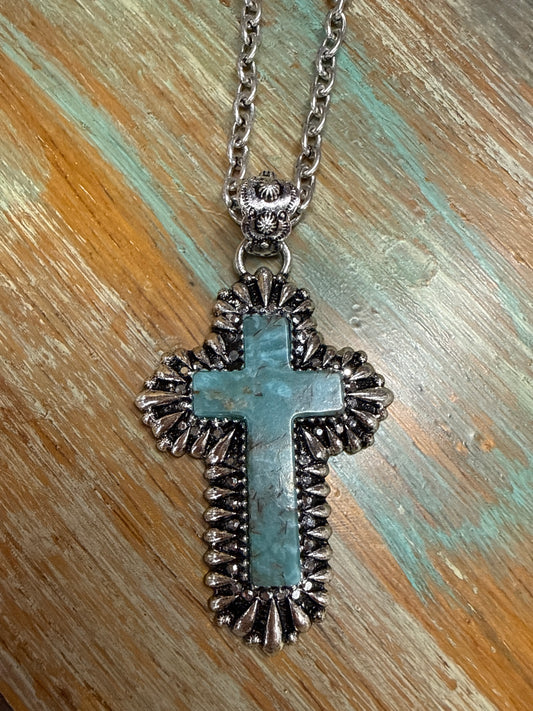 Silver tone  and Stone Cross Necklace Icon