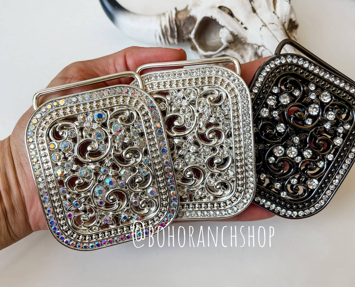 Rhinestone Belt Buckle Bling - SMALL - Western Belt Buckle: Silver Boho Ranch