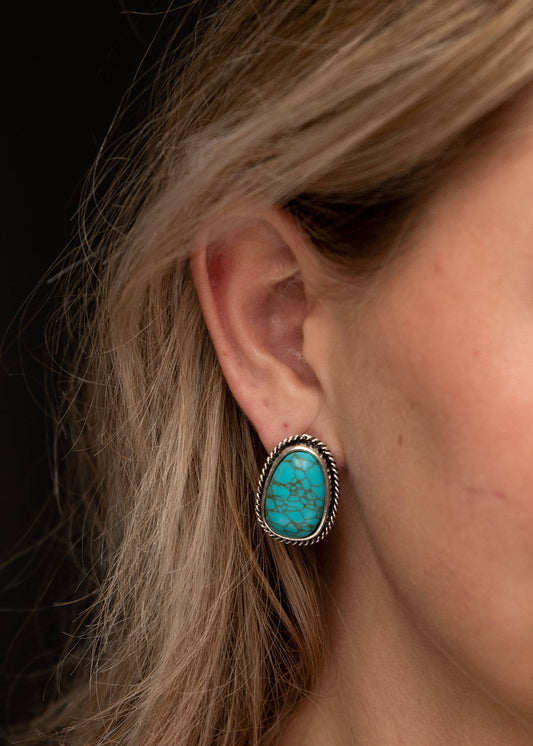 1" Turquoise Post Earring with Burnished Silver Rope Border Westco