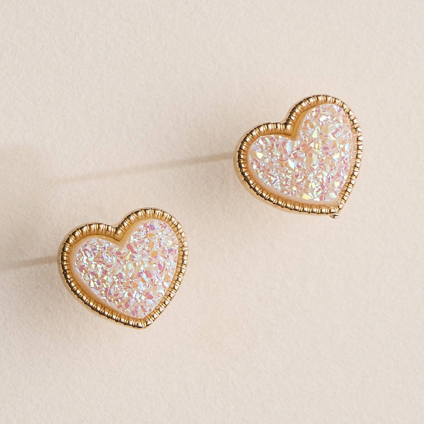 Elegant Gold-Trimmed Druzy Heart Stud Earrings: White/ Red / or Iridescent Shimmer Frem