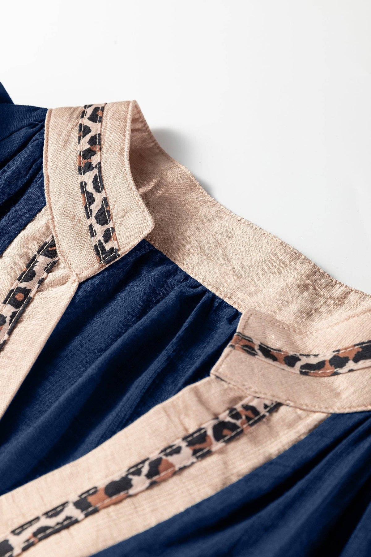 Leopard Trim Flounced  3/4 Sleeve V-Neck Blouse: Violet / XL