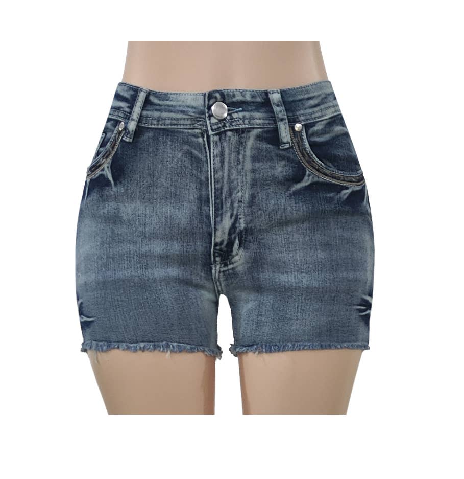 Vintage Embroidered Raw-Edged Denim Shorts: Blue Rosa