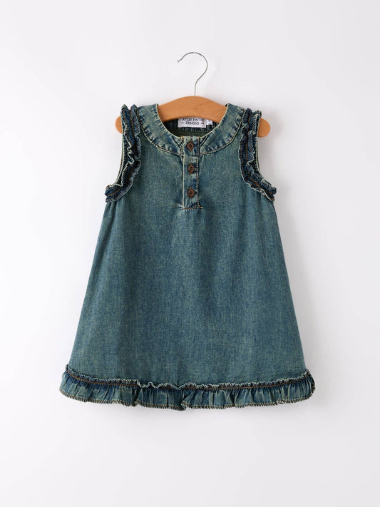 （Pre-order）Vintage Denim Ruffle Girls Dress: 5