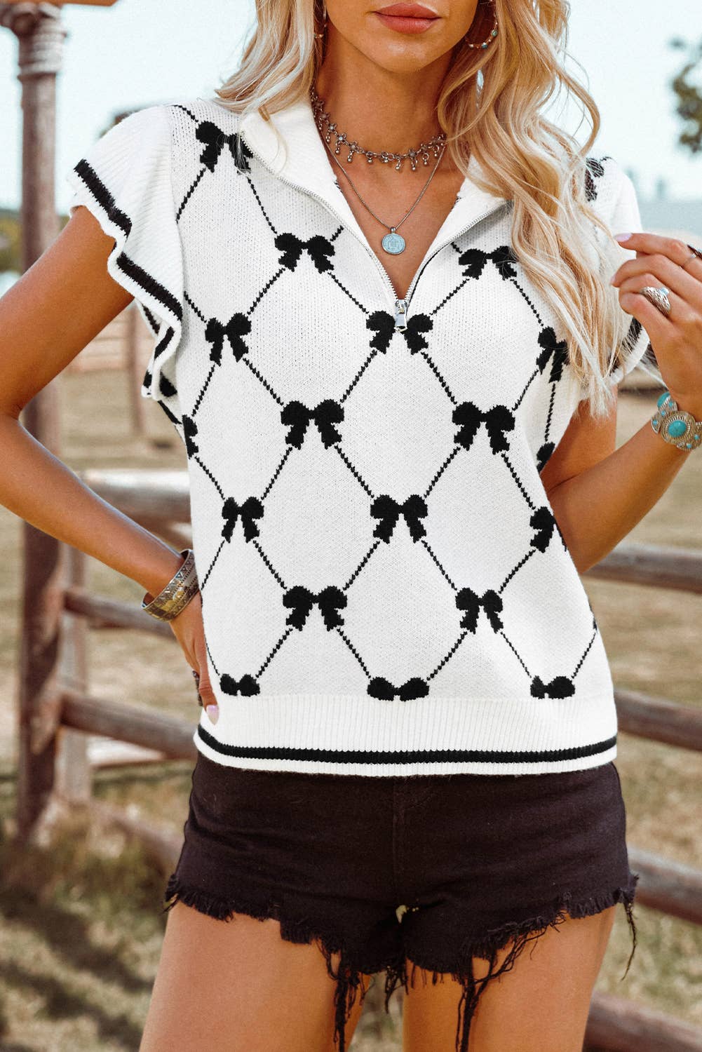 Fashion-W Preppy Vibes Bow Print Zipped Collar Sweater Tee: White with Black Bows Fashionw