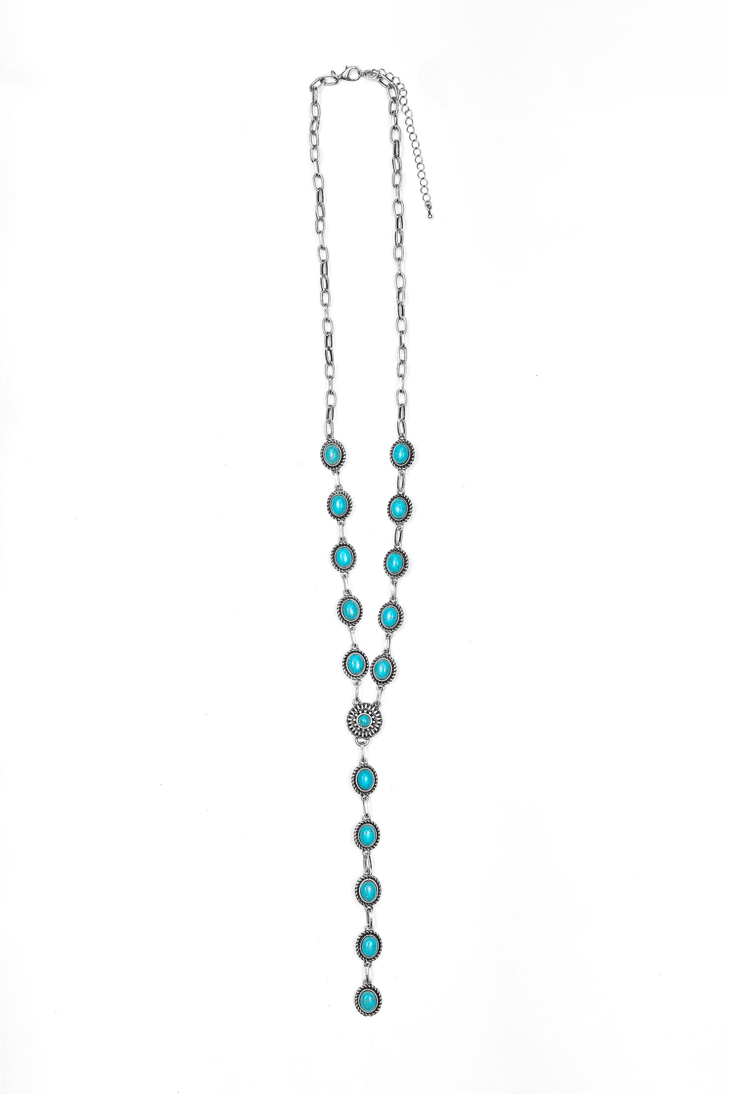 24" Dainty Silver Oval Turquoise Concho Lariat Style Necklac West co
