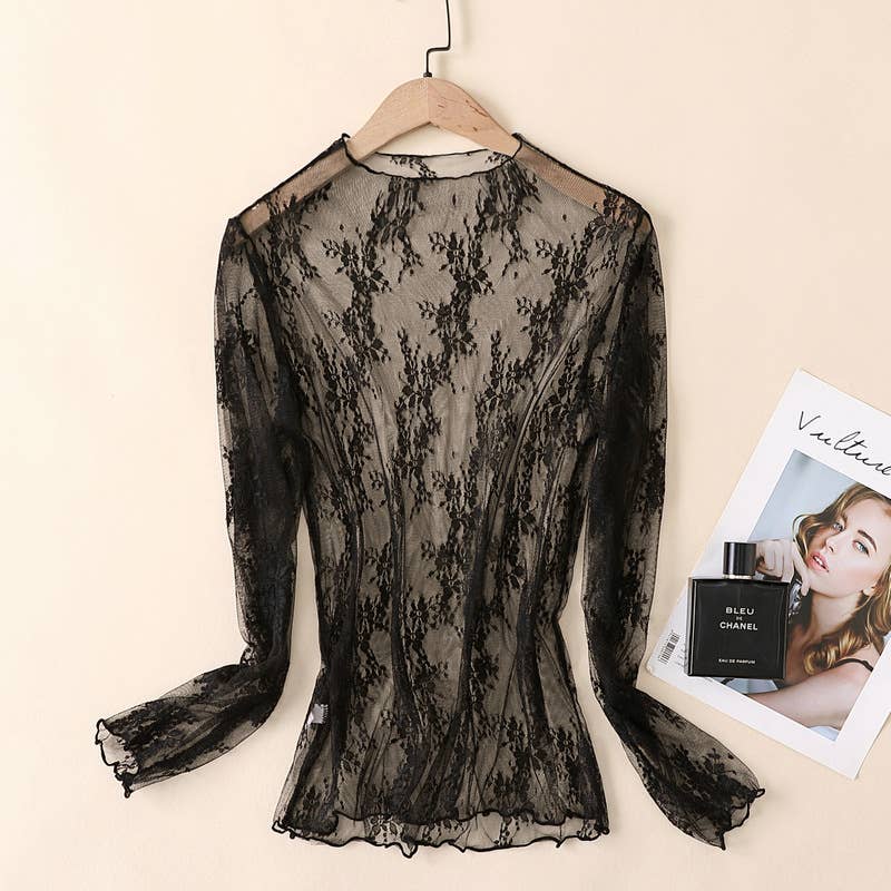 Semi Sheer Mesh Floral Lace Layering See Through Top: Cream/Off White Rosa