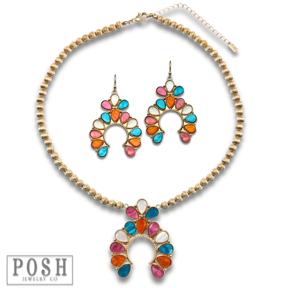 Mother of pearl look squash blossom necklace set: White
